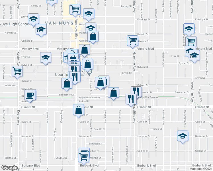 map of restaurants, bars, coffee shops, grocery stores, and more near 6156 Tyrone Avenue in Los Angeles