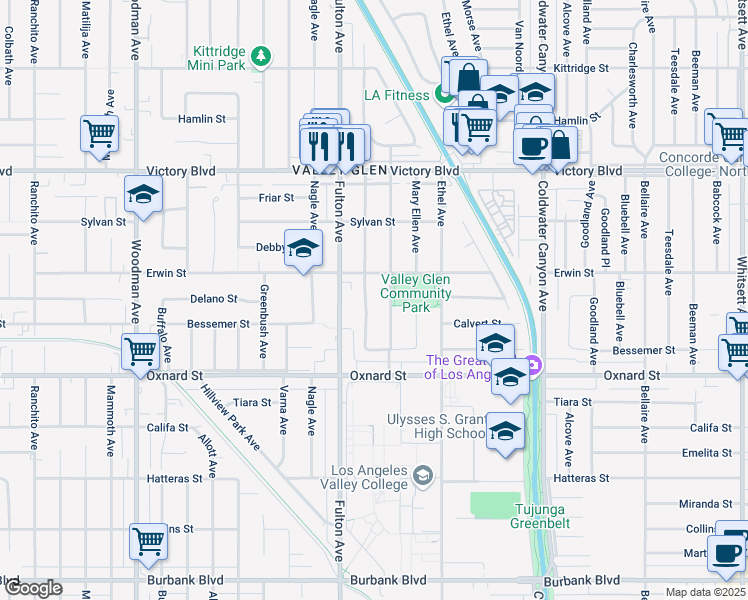map of restaurants, bars, coffee shops, grocery stores, and more near 6130 Longridge Avenue in Los Angeles