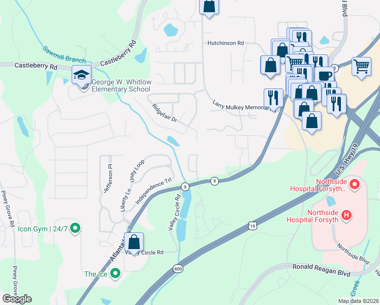 map of restaurants, bars, coffee shops, grocery stores, and more near 1096 Firethorne Pass in Cumming