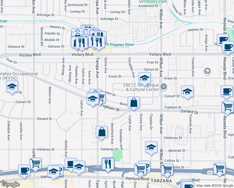 map of restaurants, bars, coffee shops, grocery stores, and more near 19165 Calvert Street in Los Angeles