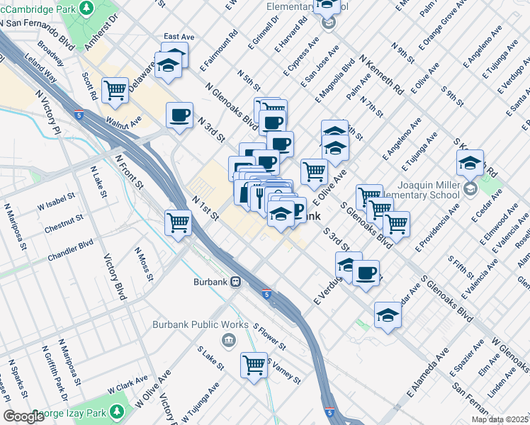 map of restaurants, bars, coffee shops, grocery stores, and more near 220 North San Fernando Boulevard in Burbank