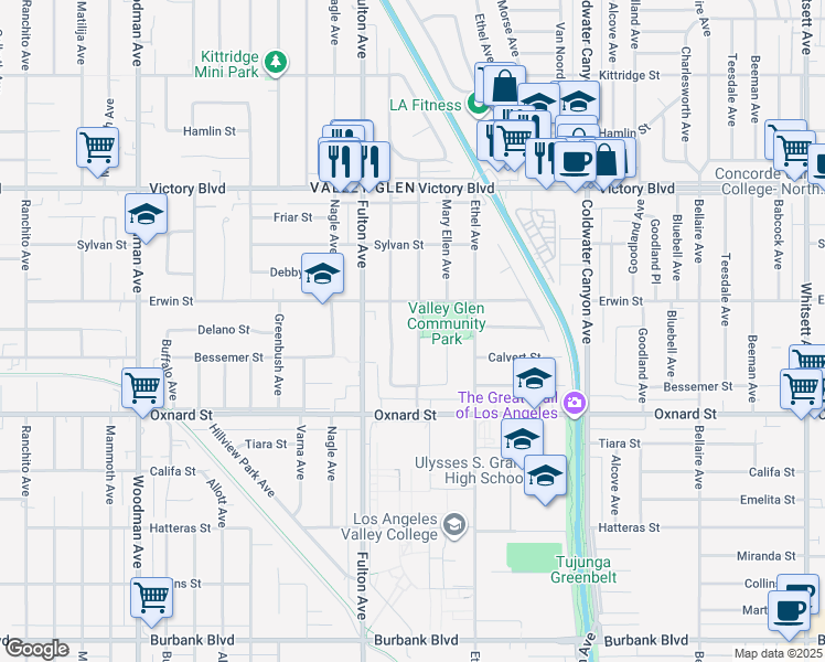 map of restaurants, bars, coffee shops, grocery stores, and more near 6129 Atoll Avenue in Los Angeles