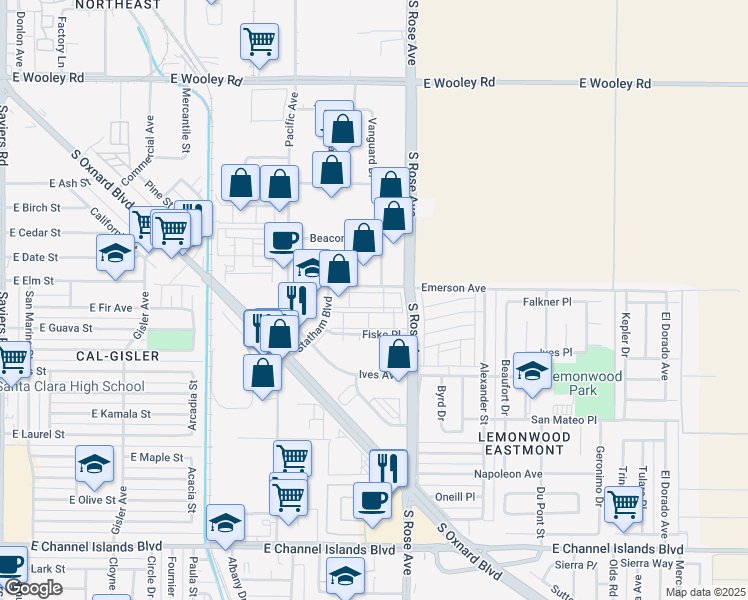 map of restaurants, bars, coffee shops, grocery stores, and more near 1700 Emerson Avenue in Oxnard