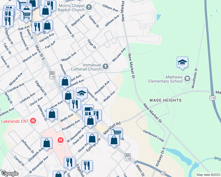 map of restaurants, bars, coffee shops, grocery stores, and more near 1109 Florence Street in Greenwood