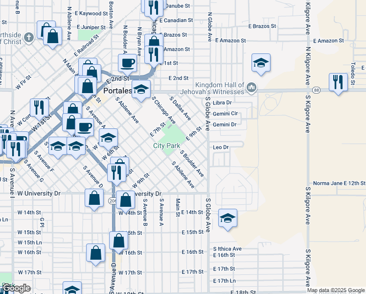 map of restaurants, bars, coffee shops, grocery stores, and more near 313 East 10th Street in Portales