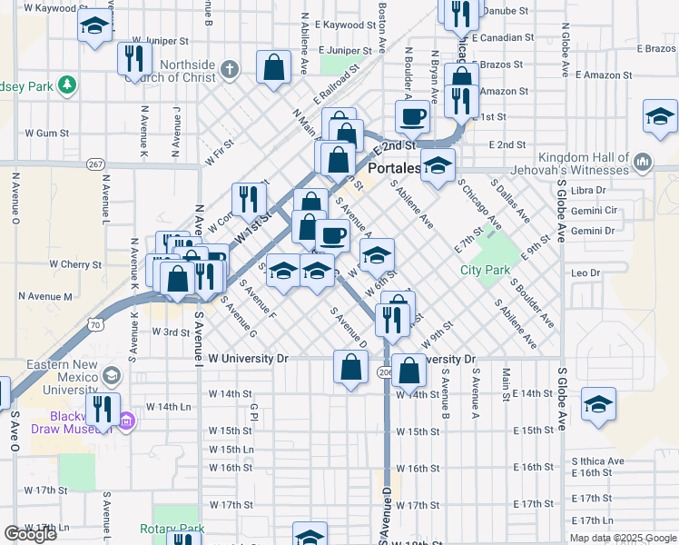 map of restaurants, bars, coffee shops, grocery stores, and more near 362-398 West 5th Street in Portales