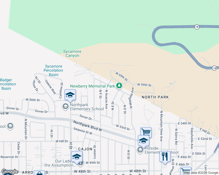 map of restaurants, bars, coffee shops, grocery stores, and more near 5794 North Acacia Avenue in San Bernardino