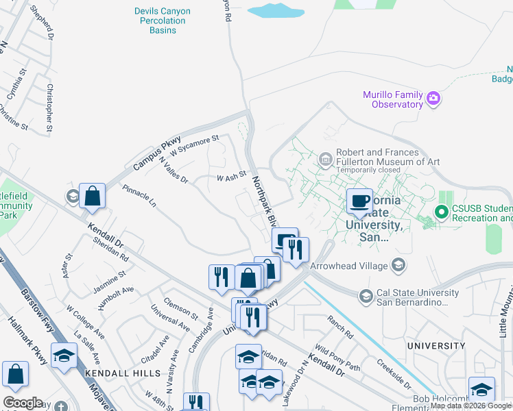 map of restaurants, bars, coffee shops, grocery stores, and more near 1885 Northpark Boulevard West in San Bernardino