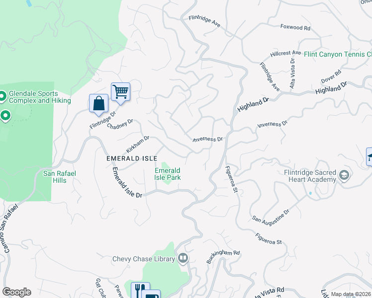 map of restaurants, bars, coffee shops, grocery stores, and more near 3673 Hampstead Road in Glendale