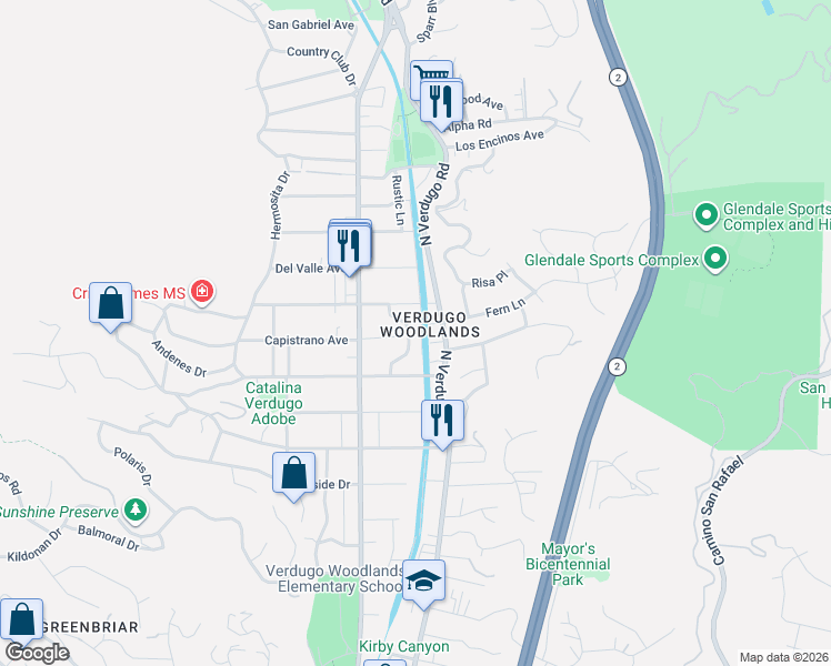 map of restaurants, bars, coffee shops, grocery stores, and more near 2400 Sylvan Lane in Glendale