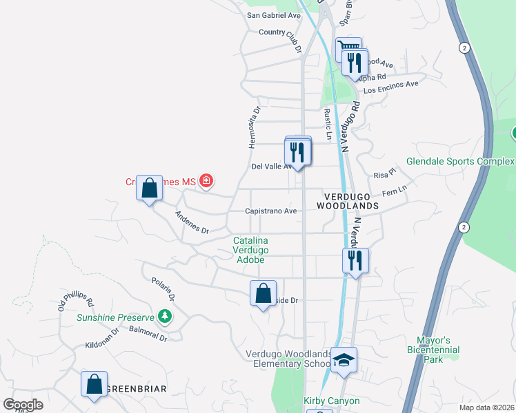 map of restaurants, bars, coffee shops, grocery stores, and more near 1621 Capistrano Avenue in Glendale