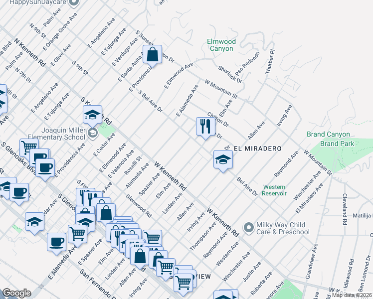 map of restaurants, bars, coffee shops, grocery stores, and more near 1350 Spazier Avenue in Glendale