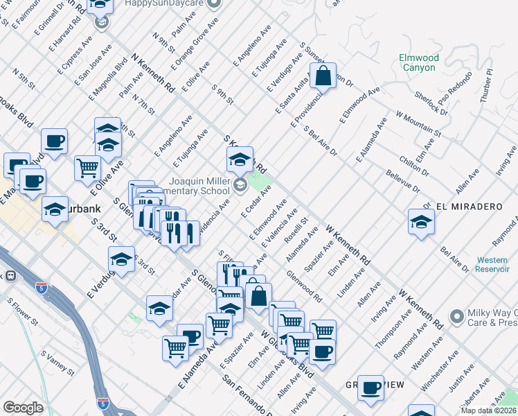 map of restaurants, bars, coffee shops, grocery stores, and more near 701 East Elmwood Avenue in Burbank