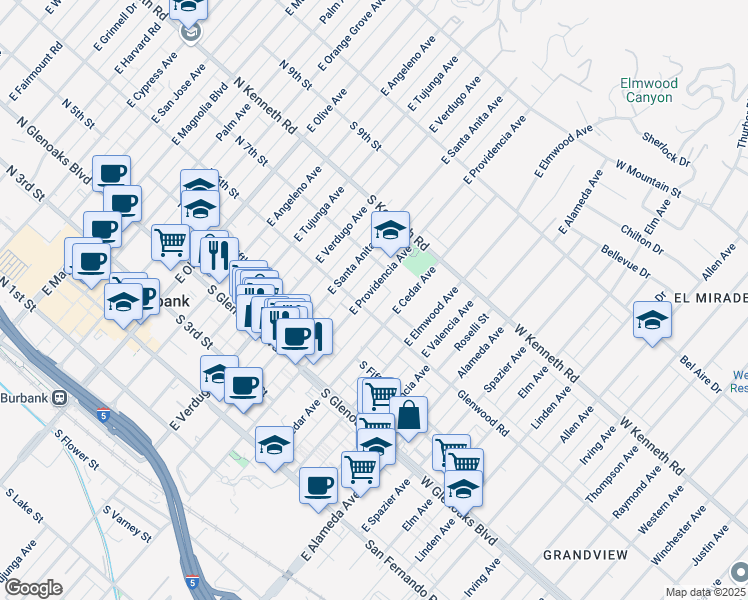 map of restaurants, bars, coffee shops, grocery stores, and more near 575 East Providencia Avenue in Burbank