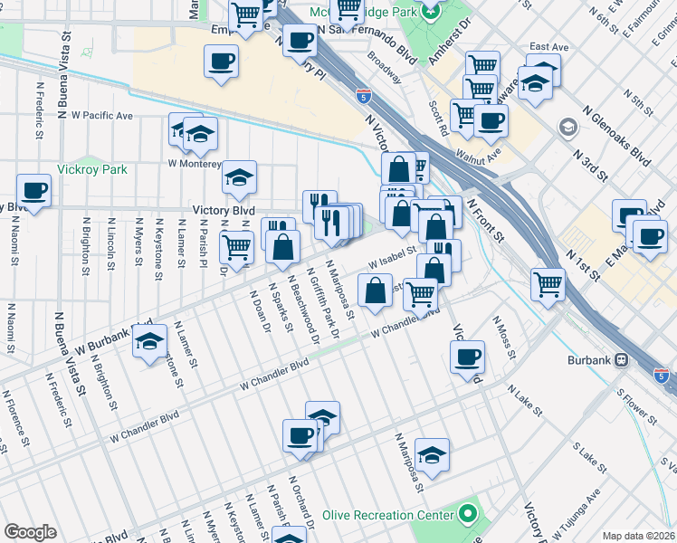 map of restaurants, bars, coffee shops, grocery stores, and more near 1177 West Isabel Street in Burbank