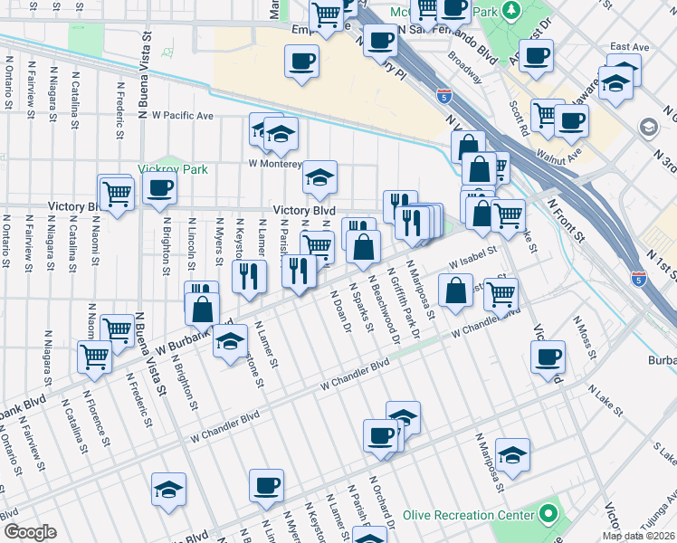 map of restaurants, bars, coffee shops, grocery stores, and more near 1605 West Burbank Boulevard in Burbank