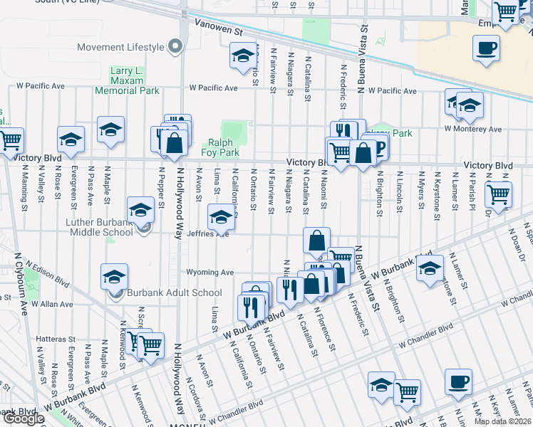 map of restaurants, bars, coffee shops, grocery stores, and more near 1525 North Fairview Street in Burbank