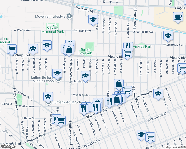 map of restaurants, bars, coffee shops, grocery stores, and more near 1728 North California Street in Burbank
