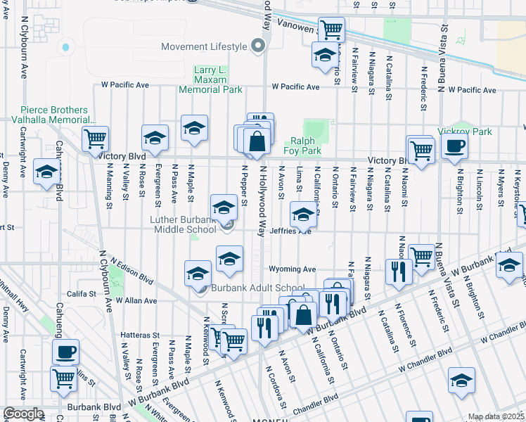 map of restaurants, bars, coffee shops, grocery stores, and more near 1725 North Avon Street in Burbank