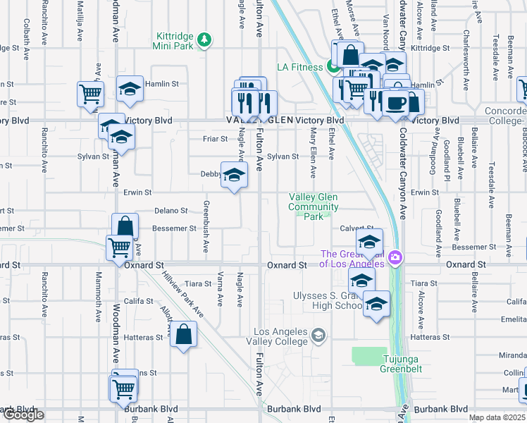 map of restaurants, bars, coffee shops, grocery stores, and more near 6126 Fulton Avenue in Los Angeles