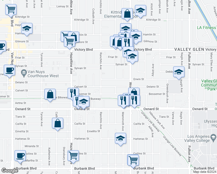 map of restaurants, bars, coffee shops, grocery stores, and more near 13806 Calvert Street in Los Angeles