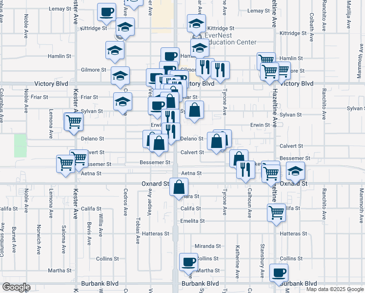 map of restaurants, bars, coffee shops, grocery stores, and more near 14423 Calvert Street in Los Angeles