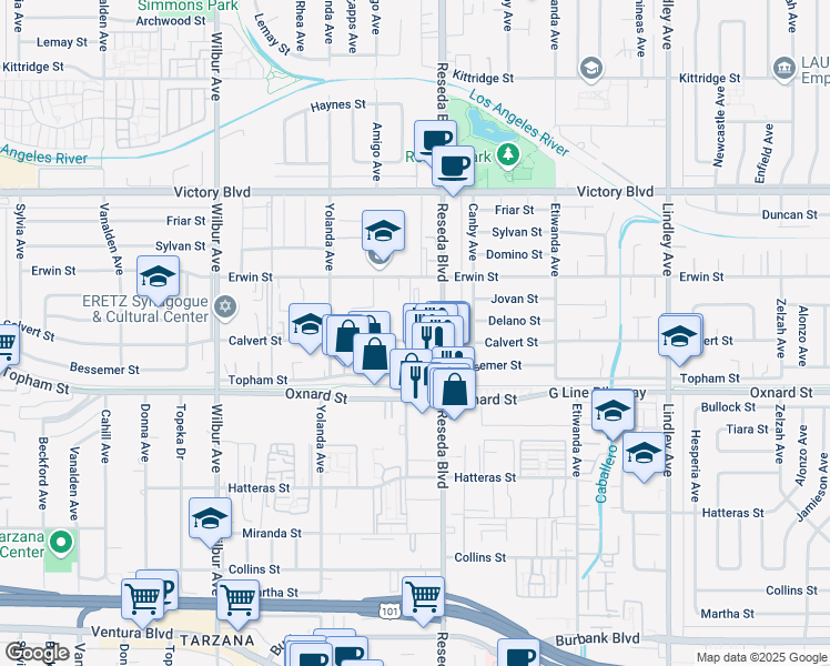 map of restaurants, bars, coffee shops, grocery stores, and more near 18529 Calvert Street in Los Angeles