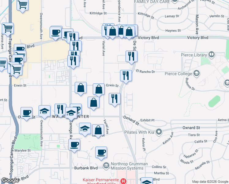 map of restaurants, bars, coffee shops, grocery stores, and more near 6109 De Soto Avenue in Los Angeles