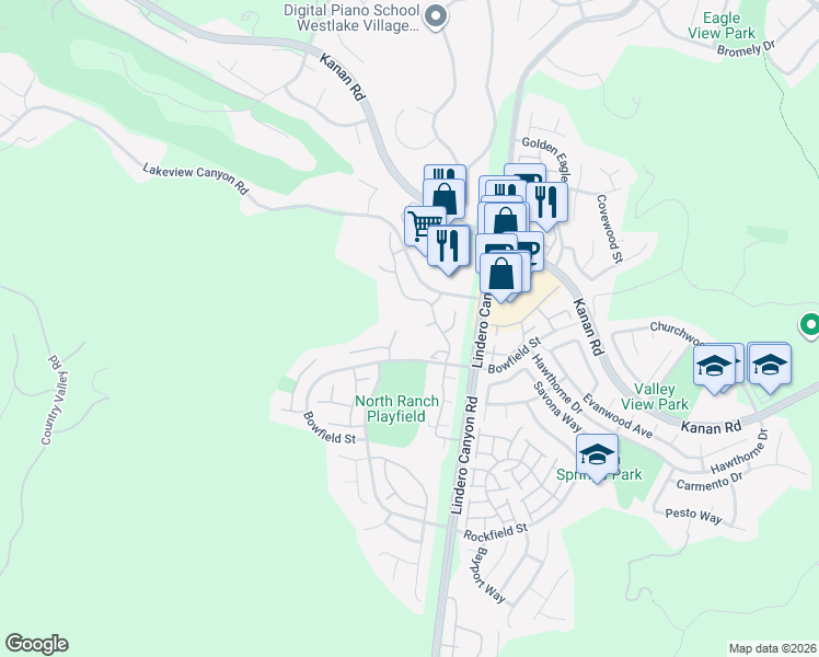 map of restaurants, bars, coffee shops, grocery stores, and more near 1050 Cherry Creek Circle in Westlake Village