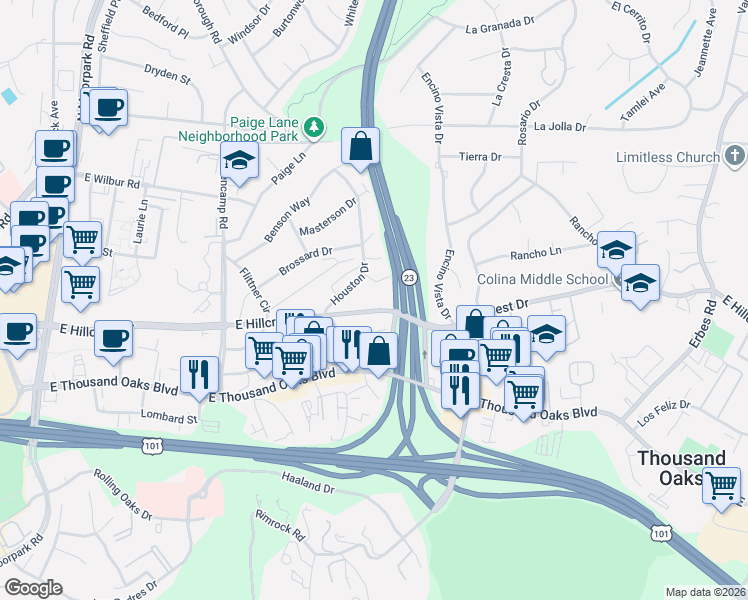 map of restaurants, bars, coffee shops, grocery stores, and more near 975 East Hillcrest Drive in Thousand Oaks