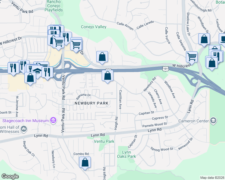 map of restaurants, bars, coffee shops, grocery stores, and more near 241 Castilian Avenue in Thousand Oaks
