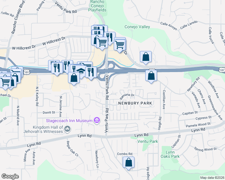 map of restaurants, bars, coffee shops, grocery stores, and more near 1521 Ventu Park Road in Thousand Oaks