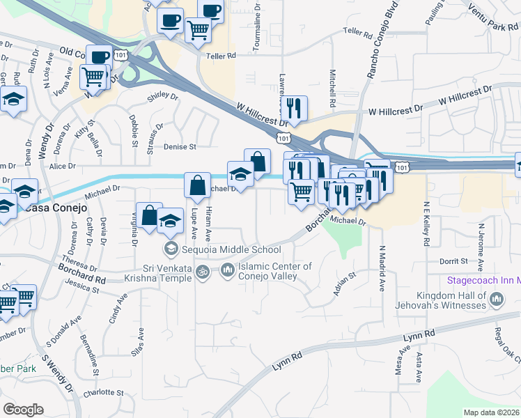map of restaurants, bars, coffee shops, grocery stores, and more near 2626 Michael Drive in Thousand Oaks