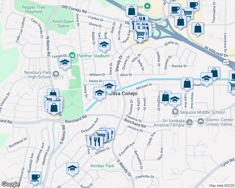 map of restaurants, bars, coffee shops, grocery stores, and more near in Casa Conejo