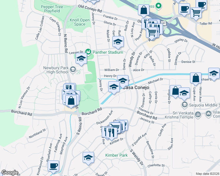 map of restaurants, bars, coffee shops, grocery stores, and more near 3390 Gerald Drive in Ventura County