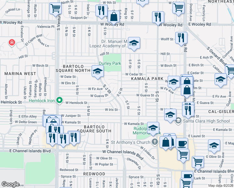 map of restaurants, bars, coffee shops, grocery stores, and more near 1835 South G Street in Oxnard