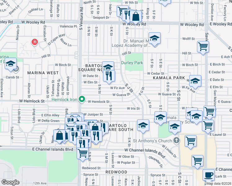 map of restaurants, bars, coffee shops, grocery stores, and more near 1133 West Guava Street in Oxnard