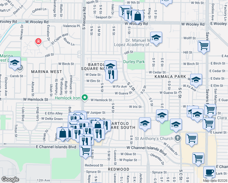 map of restaurants, bars, coffee shops, grocery stores, and more near 1133 West Guava Street in Oxnard