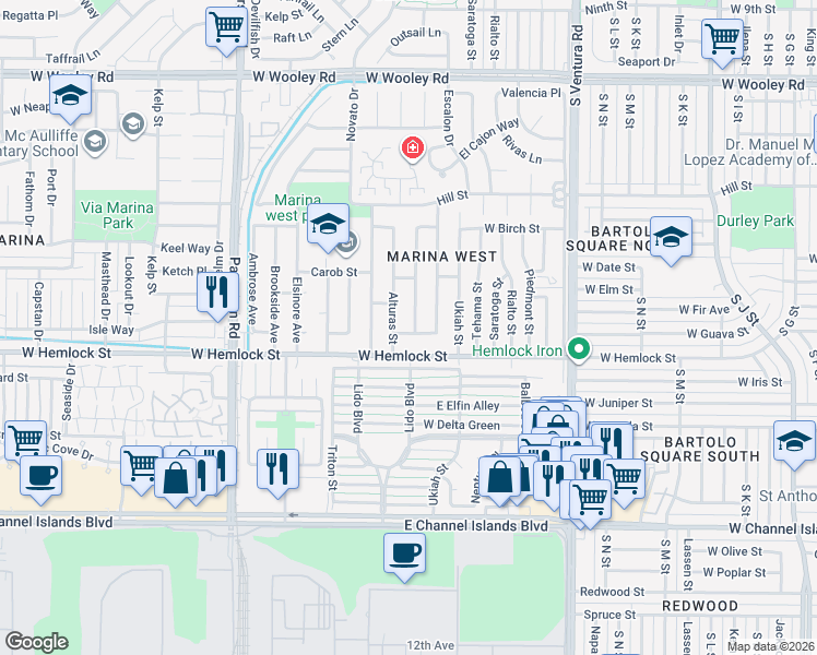 map of restaurants, bars, coffee shops, grocery stores, and more near 2131 Geneva Way in Oxnard