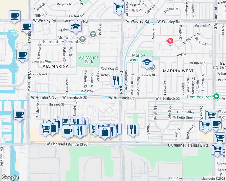 map of restaurants, bars, coffee shops, grocery stores, and more near 2940 Isle Way in Oxnard