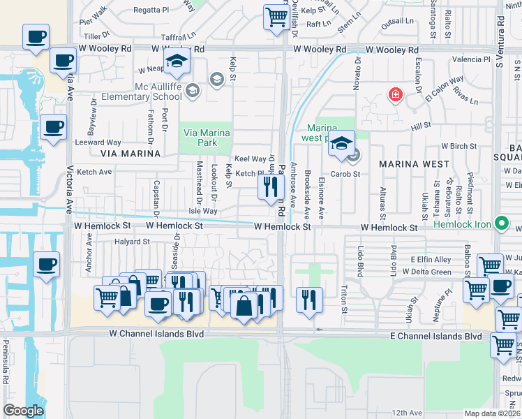 map of restaurants, bars, coffee shops, grocery stores, and more near 2940 Isle Way in Oxnard