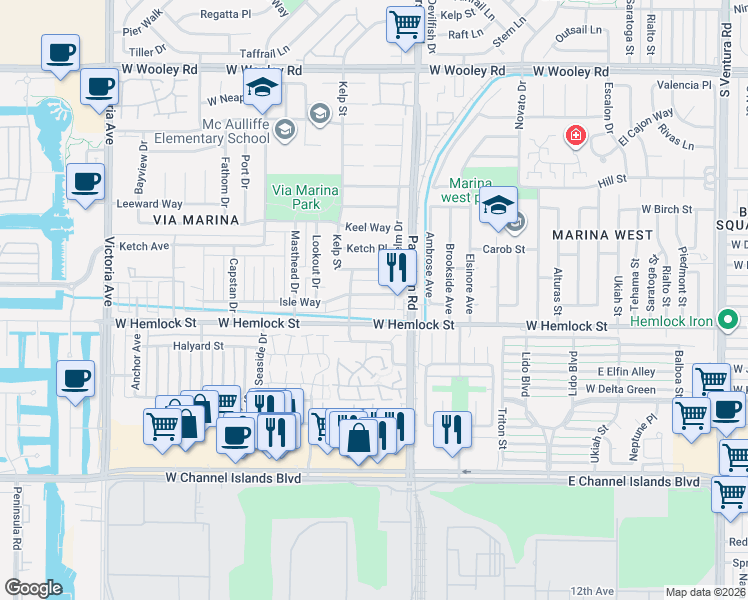 map of restaurants, bars, coffee shops, grocery stores, and more near 2940 Isle Way in Oxnard