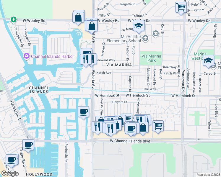 map of restaurants, bars, coffee shops, grocery stores, and more near 1904 Fisher Drive in Oxnard