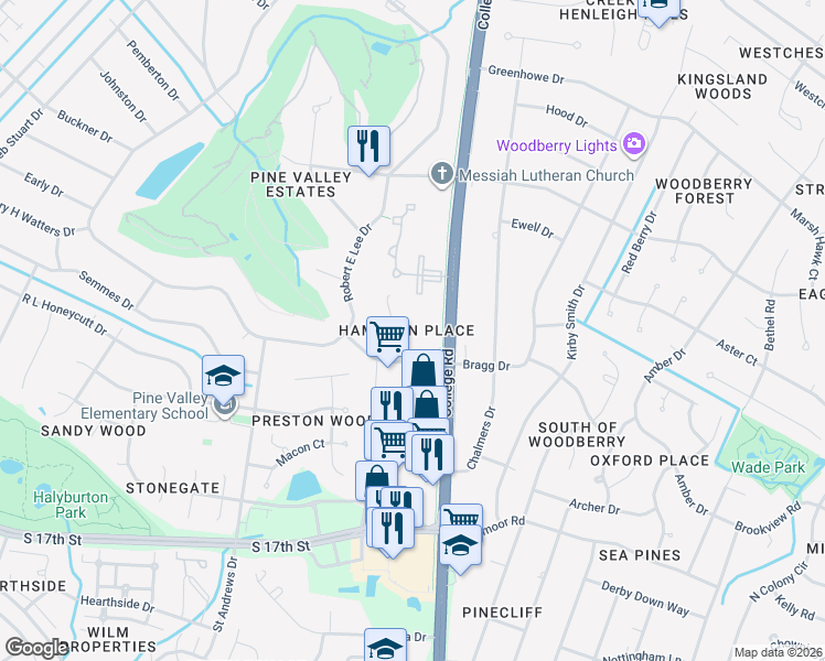 map of restaurants, bars, coffee shops, grocery stores, and more near 731 Sovereign Place in Wilmington