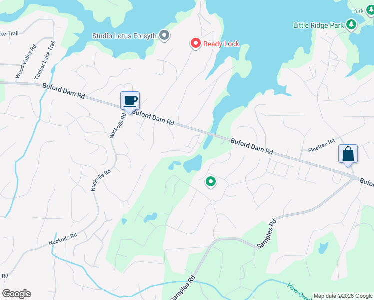 map of restaurants, bars, coffee shops, grocery stores, and more near 1950 Buford Dam Road in Cumming