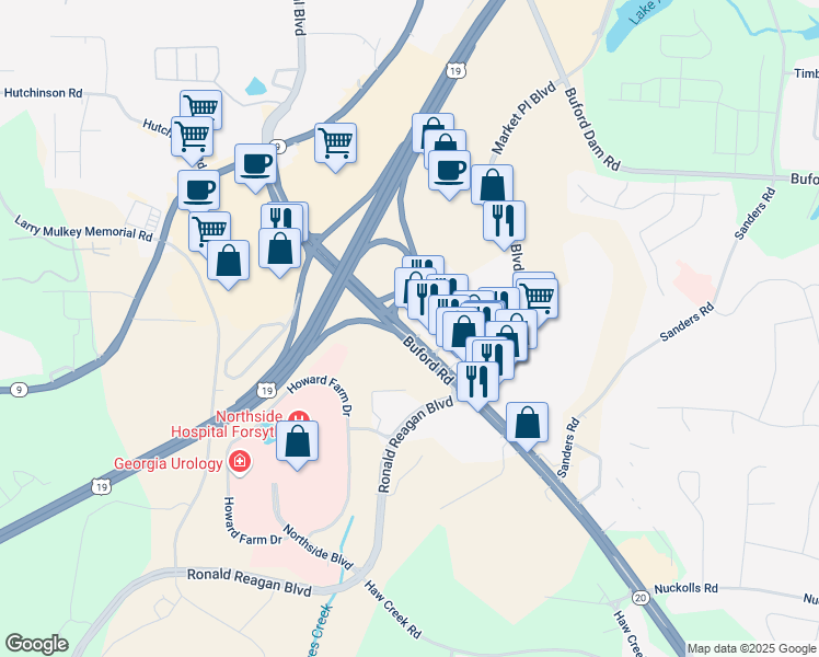 map of restaurants, bars, coffee shops, grocery stores, and more near 0 Buford Highway in Suwanee