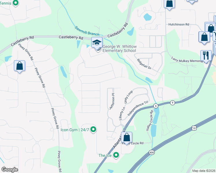 map of restaurants, bars, coffee shops, grocery stores, and more near 630 Washington Way in Cumming