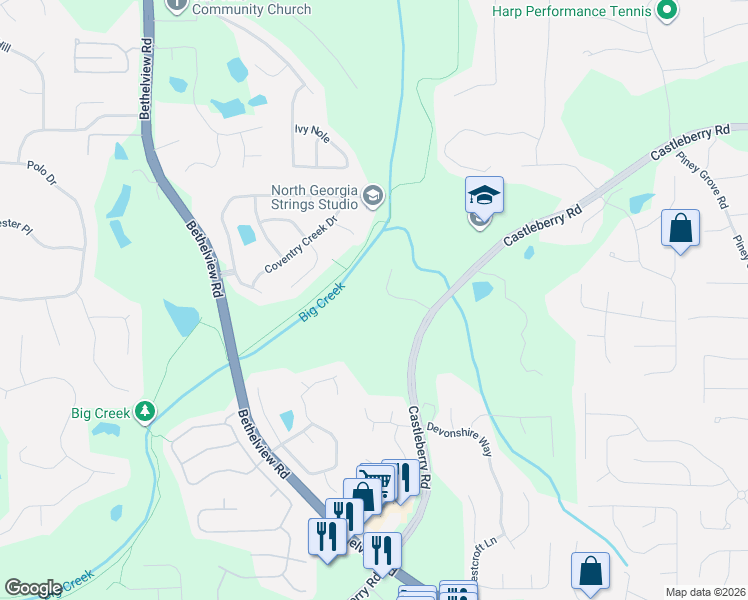 map of restaurants, bars, coffee shops, grocery stores, and more near 5035 Fenwick Drive in Cumming