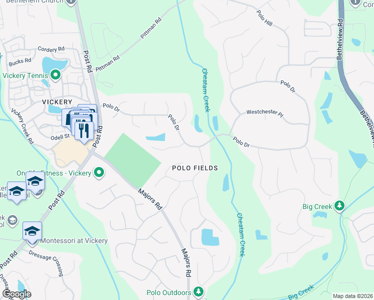 map of restaurants, bars, coffee shops, grocery stores, and more near 6090 Polo Drive in Cumming