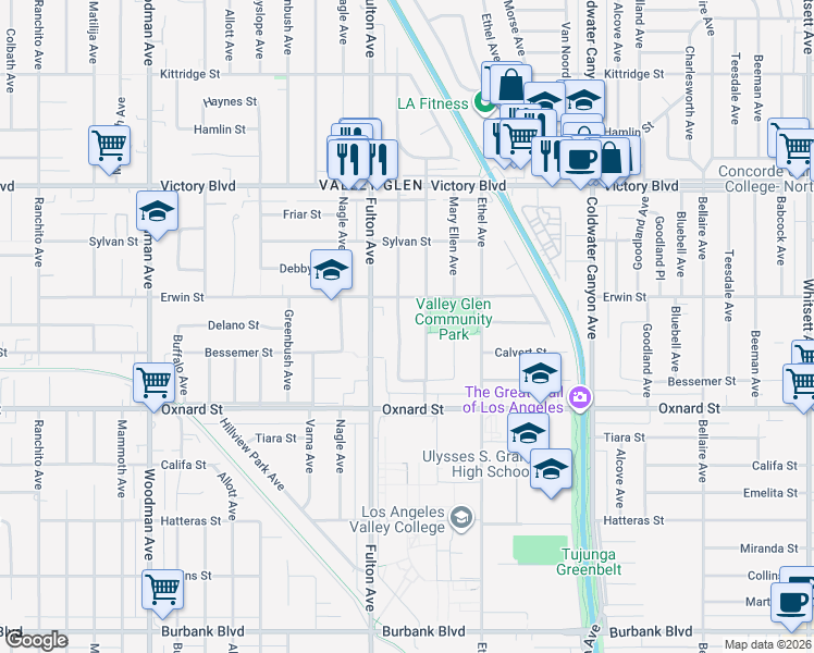 map of restaurants, bars, coffee shops, grocery stores, and more near 6130 Longridge Avenue in Los Angeles